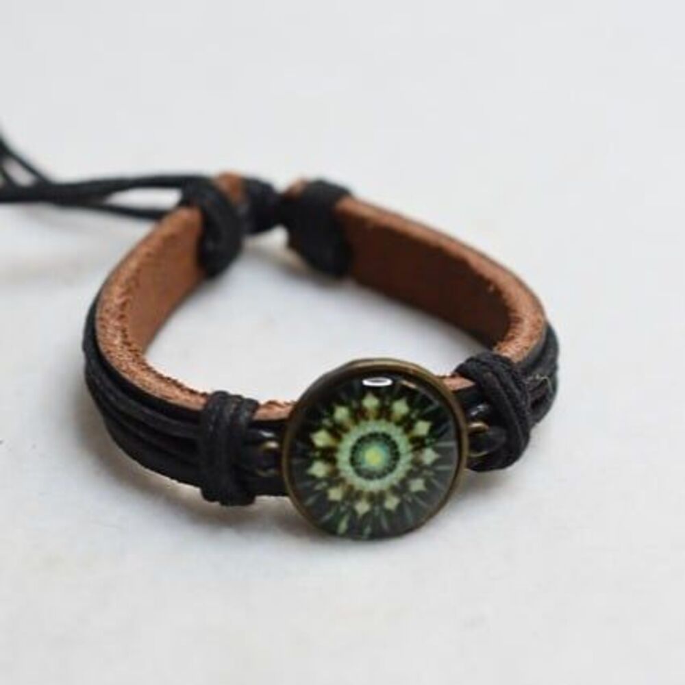 Mandala Artistic Black Leather Green Yellow Art Work Unisex Bracelet